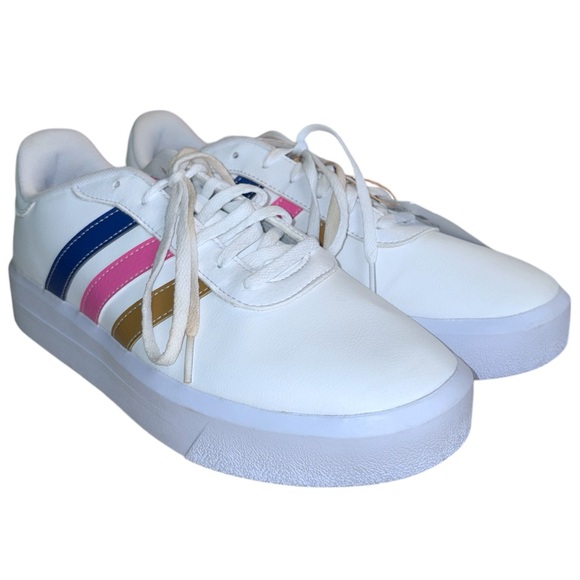 Adidas Women's White Sneakers with Pink, Blue, and Gold Stripes - Picture 11 of 16